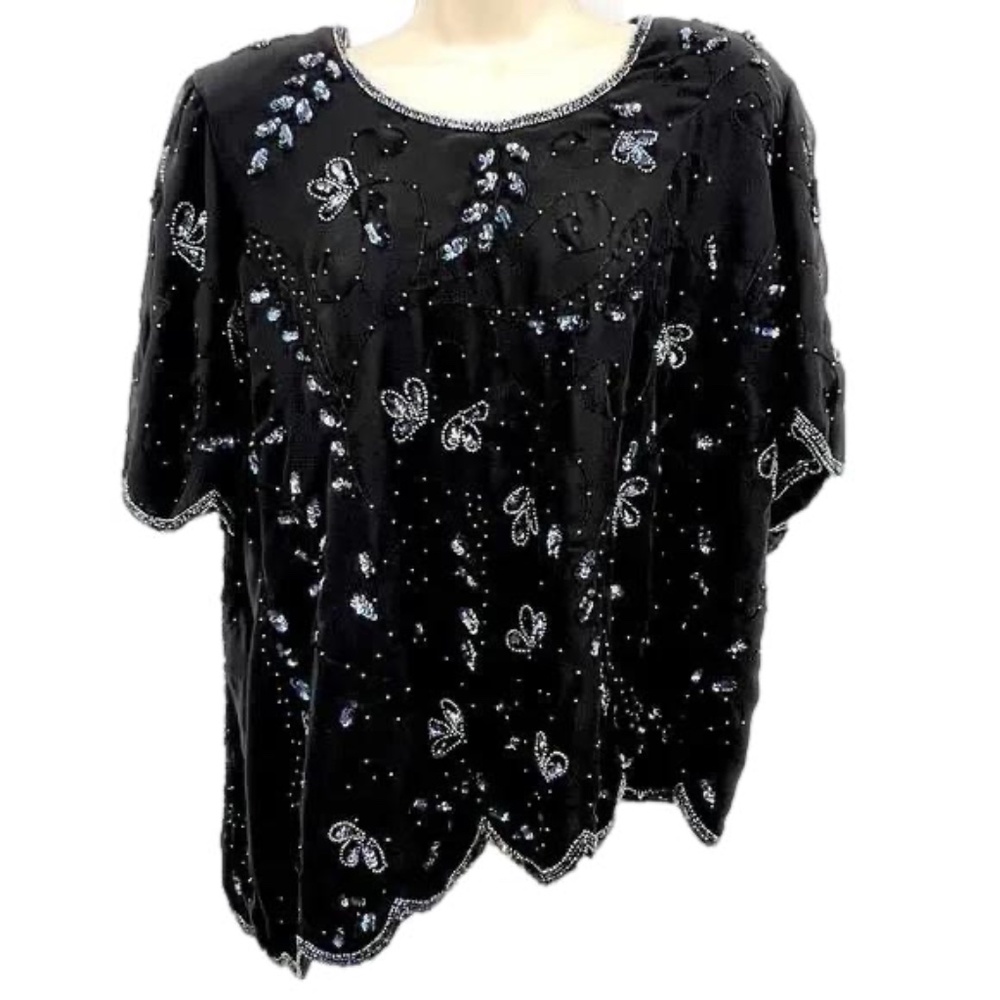 Vintage Creative Touch‎ Top Women's Beaded Embroidered Black & Jewel Tones Party
